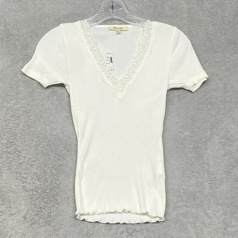 Madewell Shirt Womens XXS White Lace Trim Ribbed V Neck Short Sleeve Top NY958 - Picture 4 of 10
